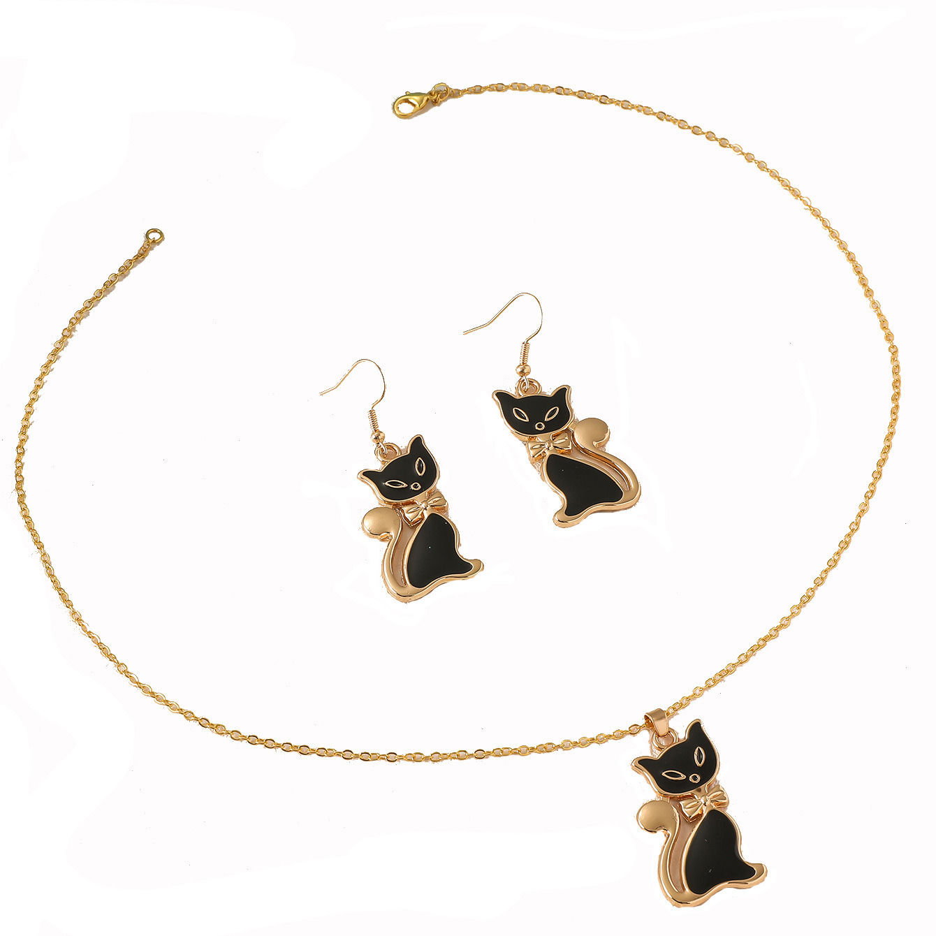 Cute Black Cat Enamel Pendant Necklace & Earrings Set Gold Tone Animal Jewelry