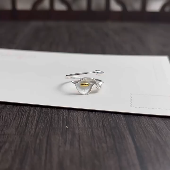 S925 Sterling Silver Calla Lily Flower Open Ring, Vintage Adjustable Flower Band Ring for Women