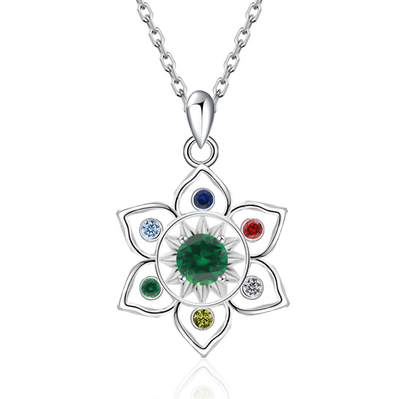 S925 Sterling Silver Chakra Lotus Birthstone Necklace