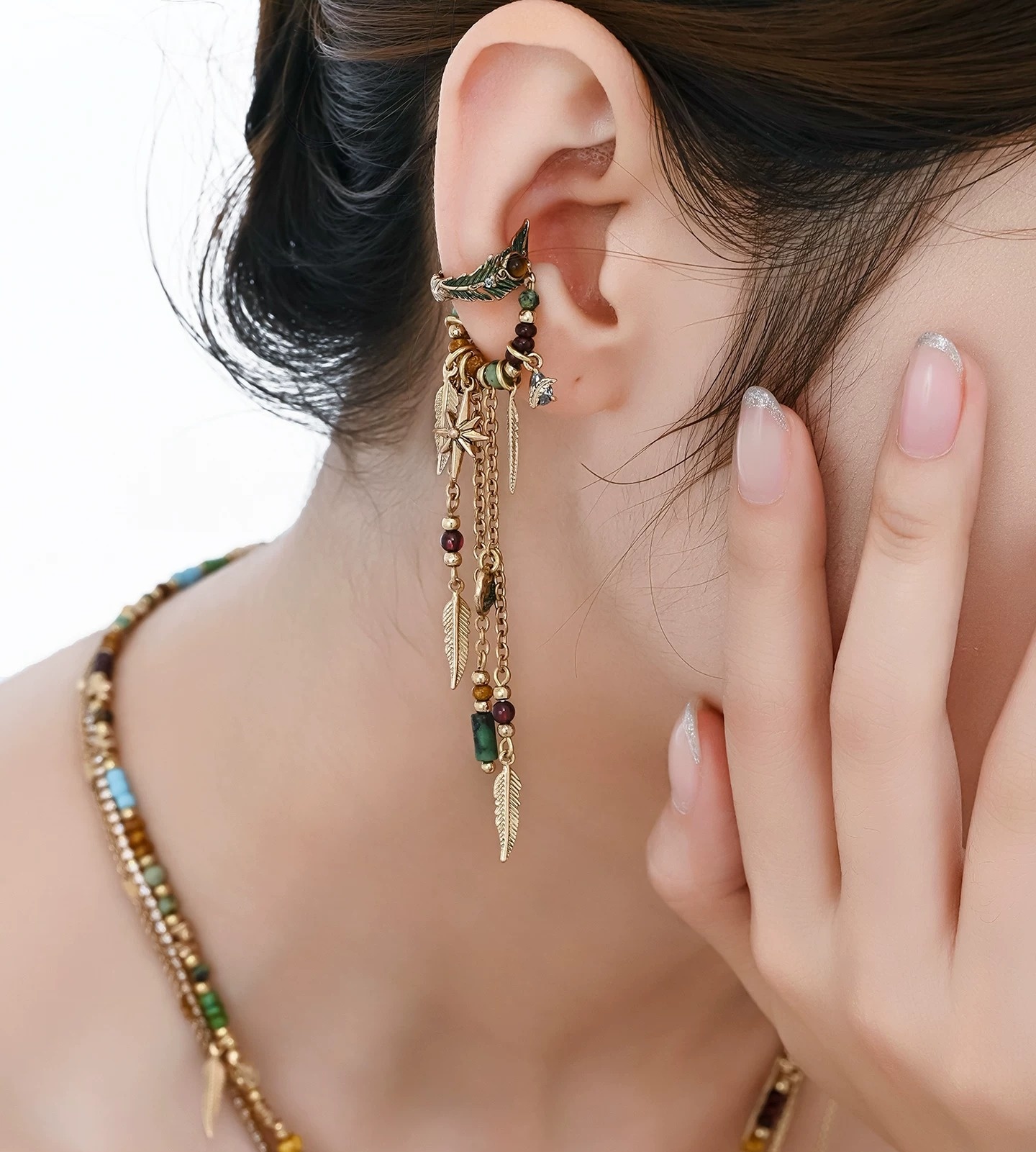 Ethnic Tribal Green Enamel Feather Ear Cuff | Vintage Gold Tassel No-Piercing Statement Earring