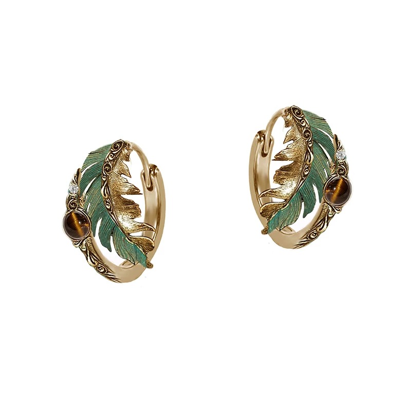 Sweet Cool Green Peacock Feather Hoop Earrings | Original Vintage Gold Mini Statement Ear Cuffs