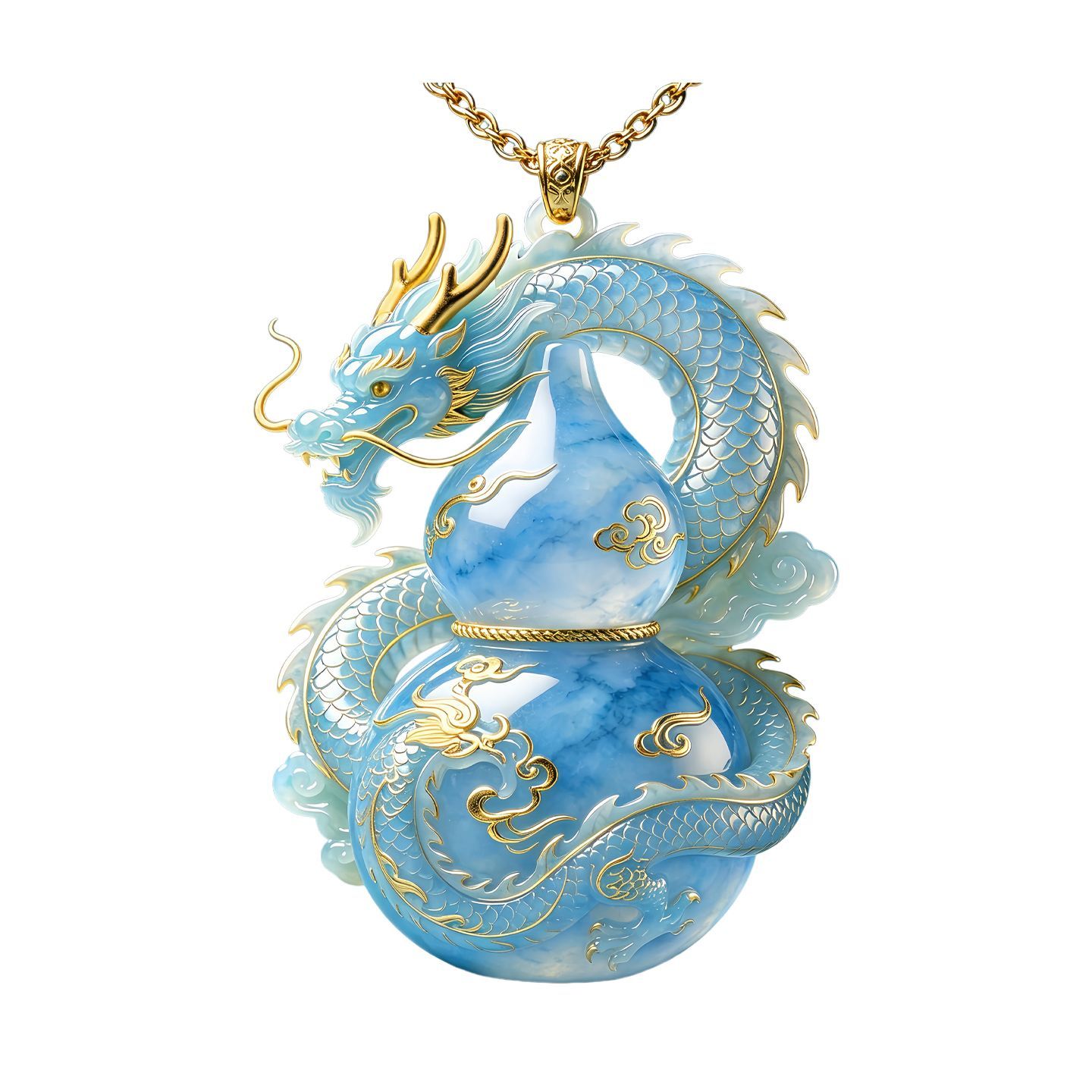 Blue Sea Dragon Gourd Pendant Necklace, Spirit Dragon Calabash Amulet, Oriental Lucky Charm, Gold Trim Spiritual Protection Jewelry 