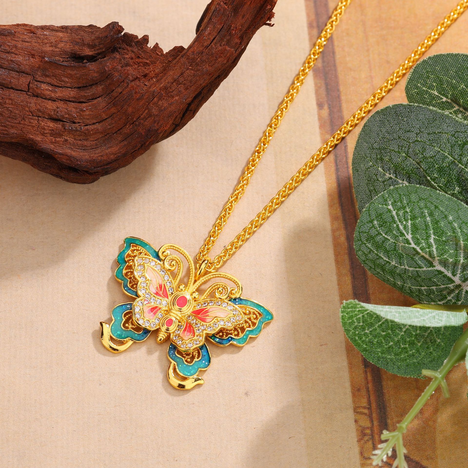 Vintage Enamel Butterfly Pendant Necklace, Gold Sand Inlaid Crystal, Oriental Retro Women’s Statement Jewelry