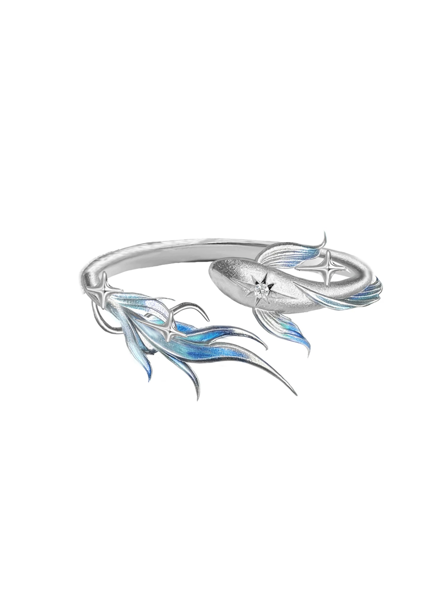 Deep Sea Legend Romantic Couple Open Ring Set | Ice Blue Mermaid Tail Starfish Matching Ring Pair