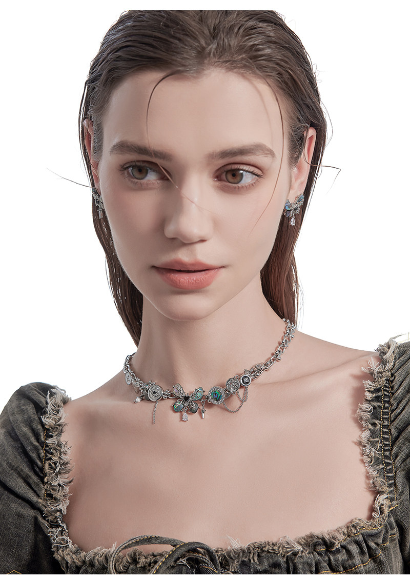 Abalone Shell Butterfly Multi-Charm Choker Necklace | Vintage Silver Light Luxury Designer Collar Necklace