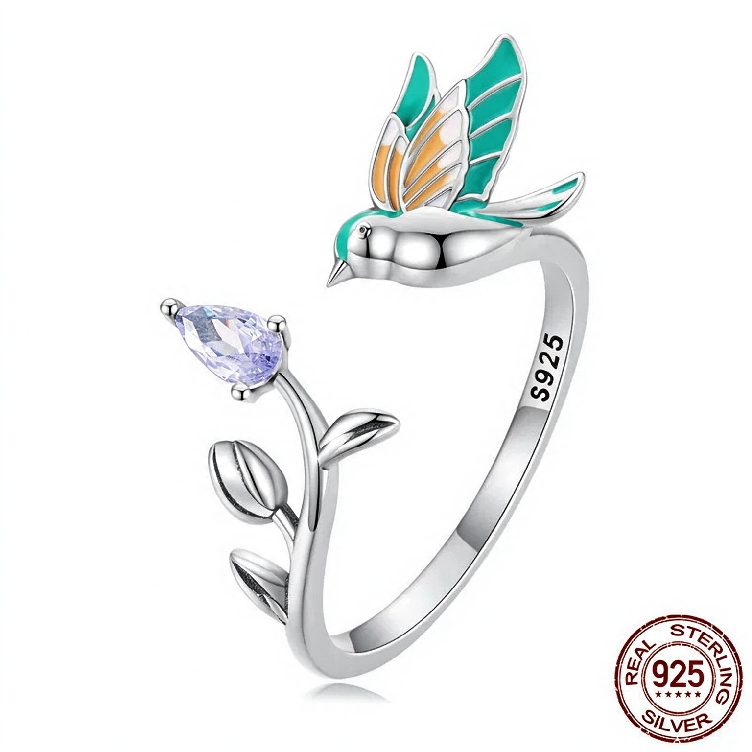 S925 Sterling Silver Hummingbird Jewelry Set, Enamel Bird Earrings & Open Ring Set