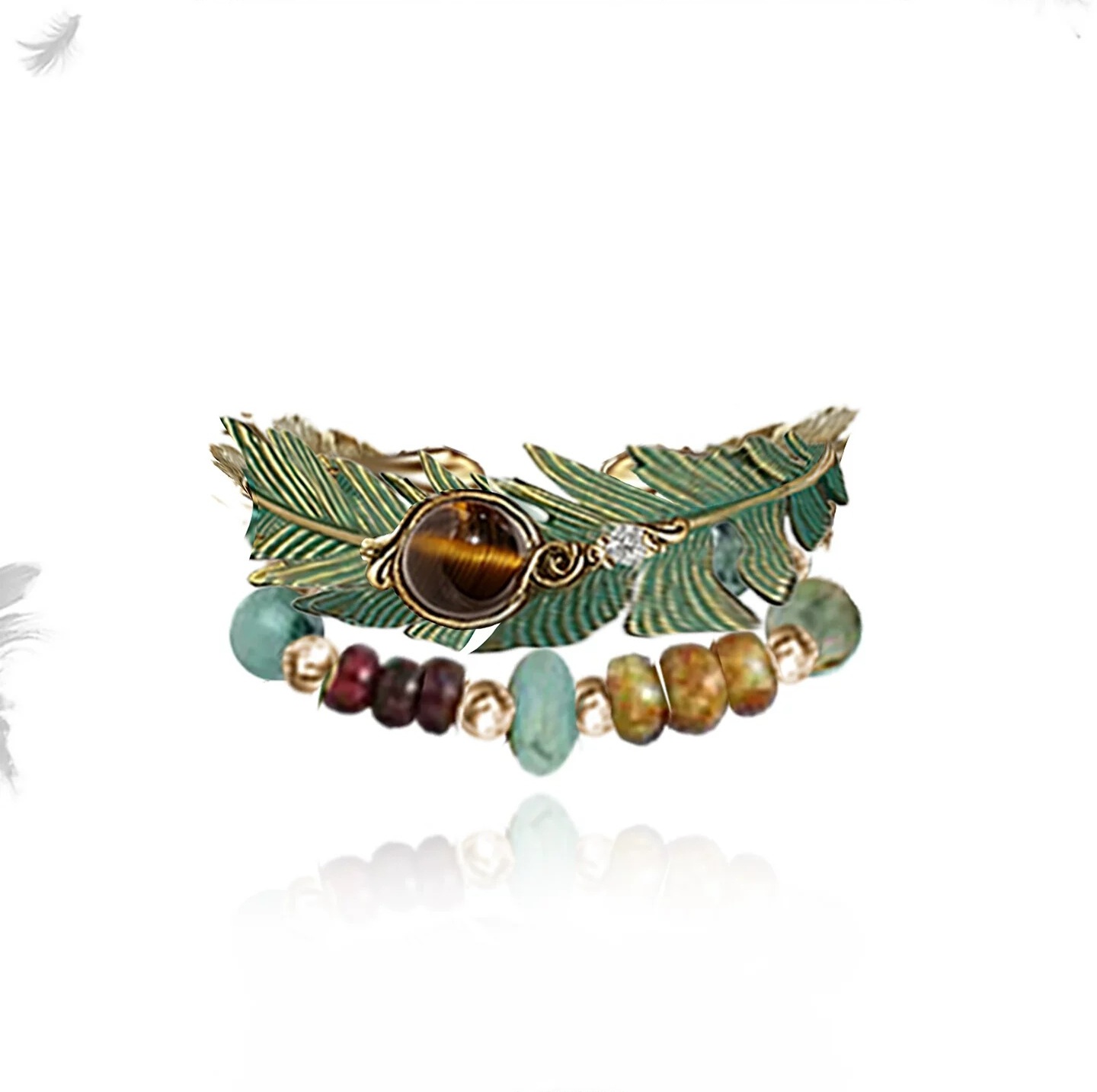 Exotic Ethnic Green Feather Tassel Adjustable Ring | Vintage Gold Bohemian Statement Ring