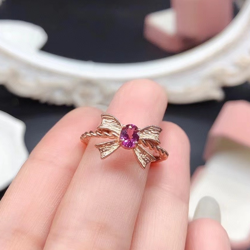 Natural Garnet & Green Diopside Bow Knot Ring, S925 Sterling Silver Gold Plated Adjustable Ring