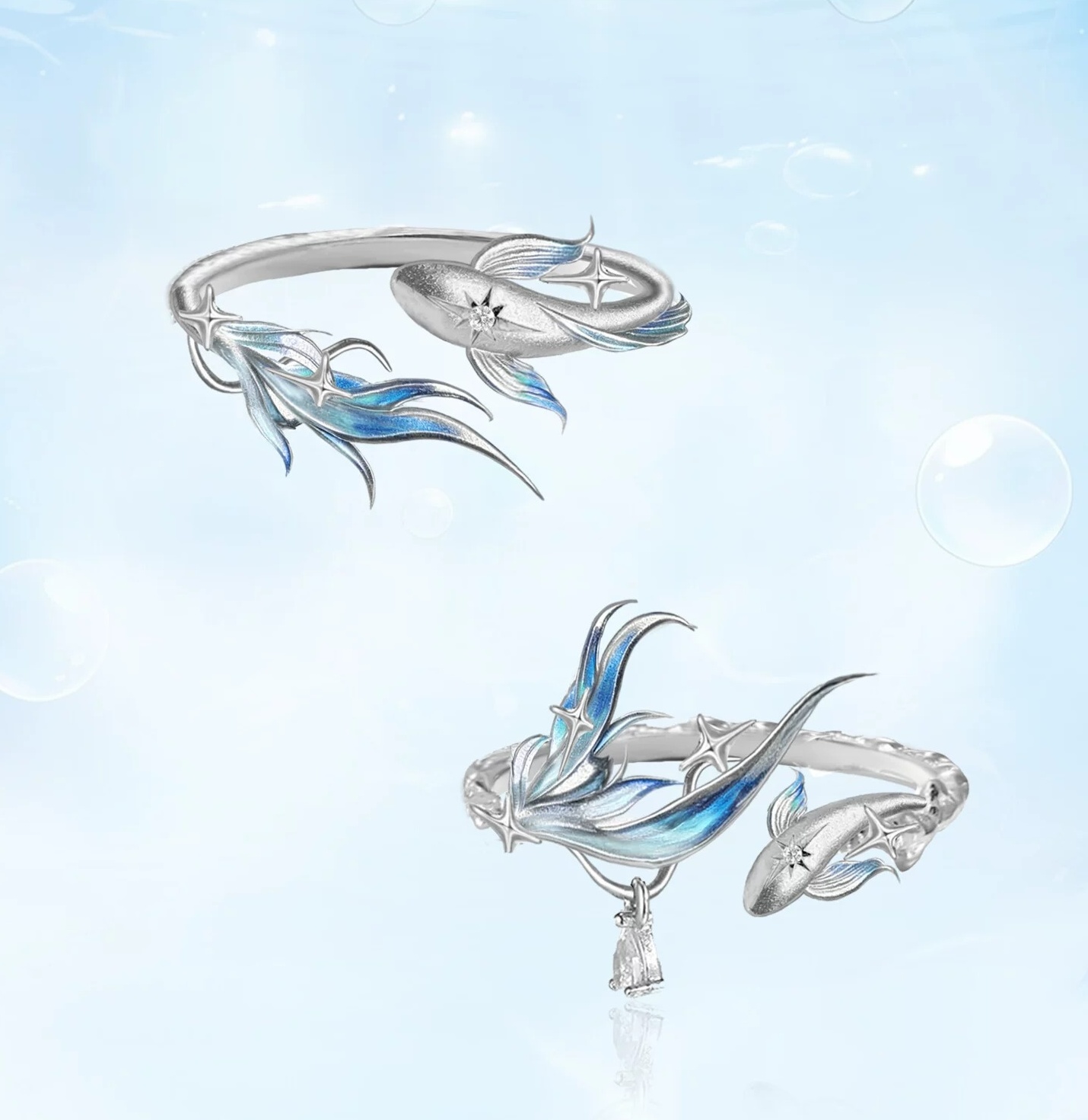 Deep Sea Legend Romantic Couple Open Ring Set | Ice Blue Mermaid Tail Starfish Matching Ring Pair