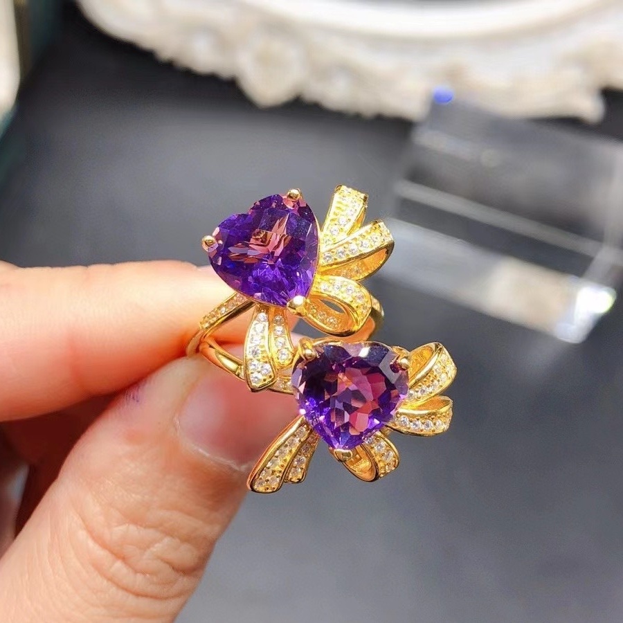 Heart Natural Amethyst Ring, S925 Sterling Silver Gold Plated Adjustable Open Ring