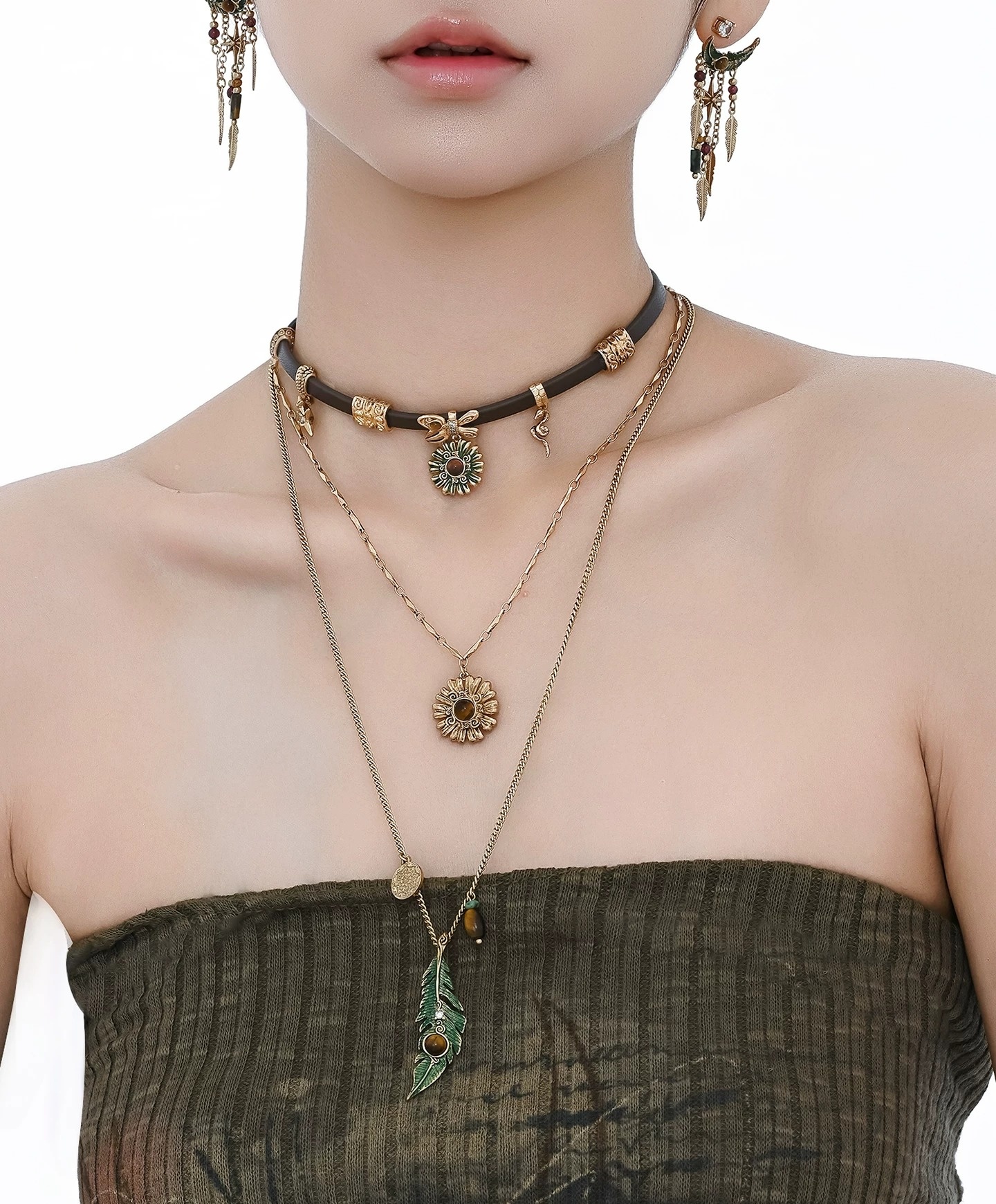 Ethnic Vintage Green Feather Multi-Layer Leather Choker Necklace | Maillard Boho Tiger's Eye Layered Necklace
