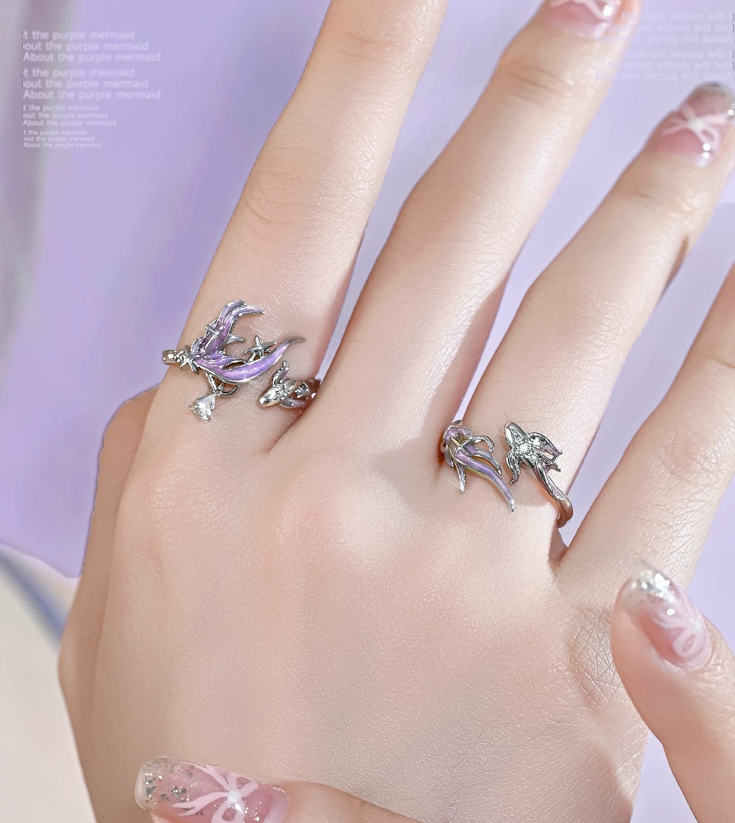 Deep Sea Legend Romantic Couple Open Ring Set | Ice Blue Mermaid Tail Starfish Matching Ring Pair