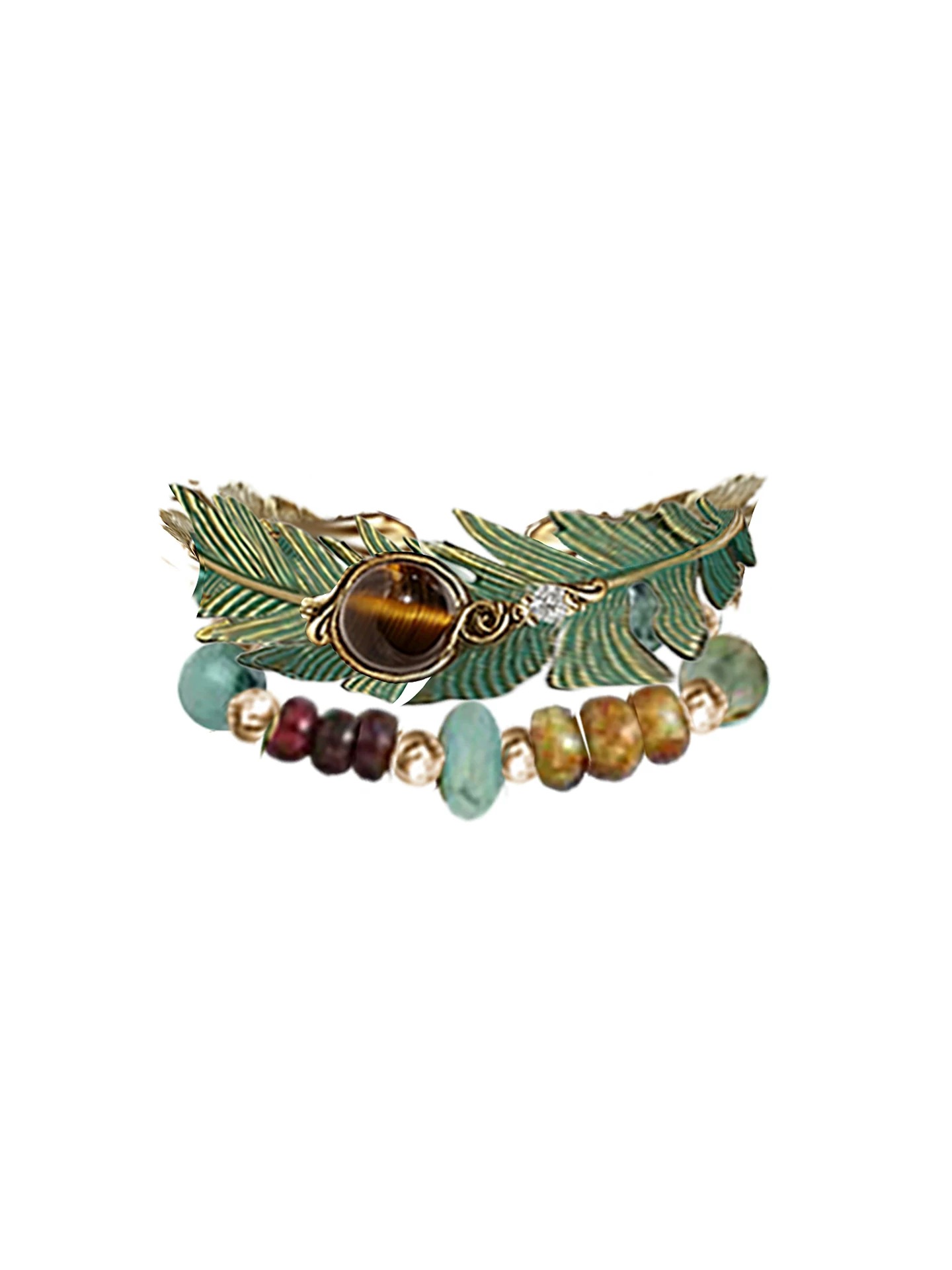 Exotic Ethnic Green Feather Tassel Adjustable Ring | Vintage Gold Bohemian Statement Ring