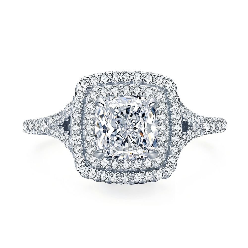 Moissanite Halo Engagement Ring, S925 Sterling Silver Square Double Halo Wedding Ring