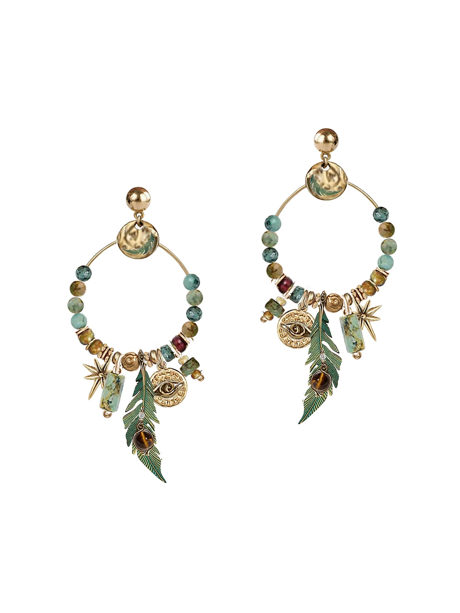 Ethnic Tribal Green Feather Beaded Hoop Earrings | Vintage Gold Boho Statement Drop Earrings