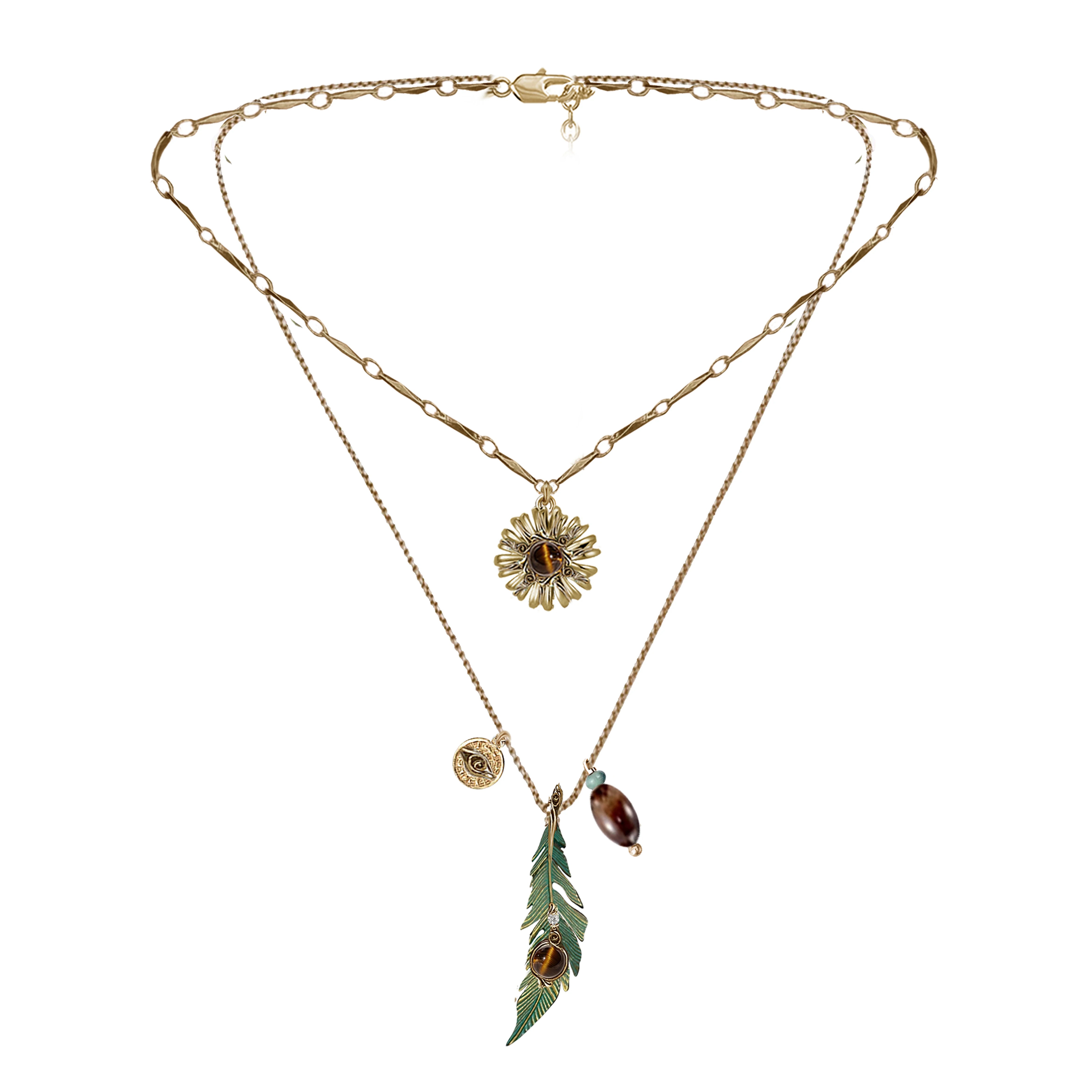Ethnic Vintage Green Feather Multi-Layer Leather Choker Necklace | Maillard Boho Tiger's Eye Layered Necklace