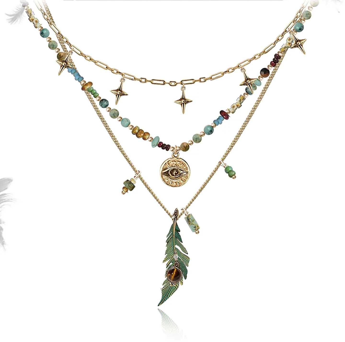 Bohemian Multi-Layer Beaded Collarbone Necklace | Vintage Gold Ethnic Green Feather Pendant Necklace