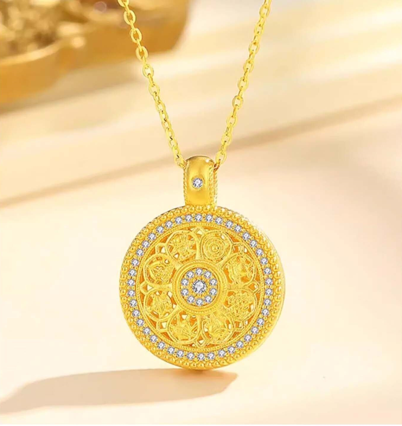 Rotatable 8 Treasures Compass Pendant Necklace, Silver Gold Plated with Moissanite, Vintage  Amulet Jewelry