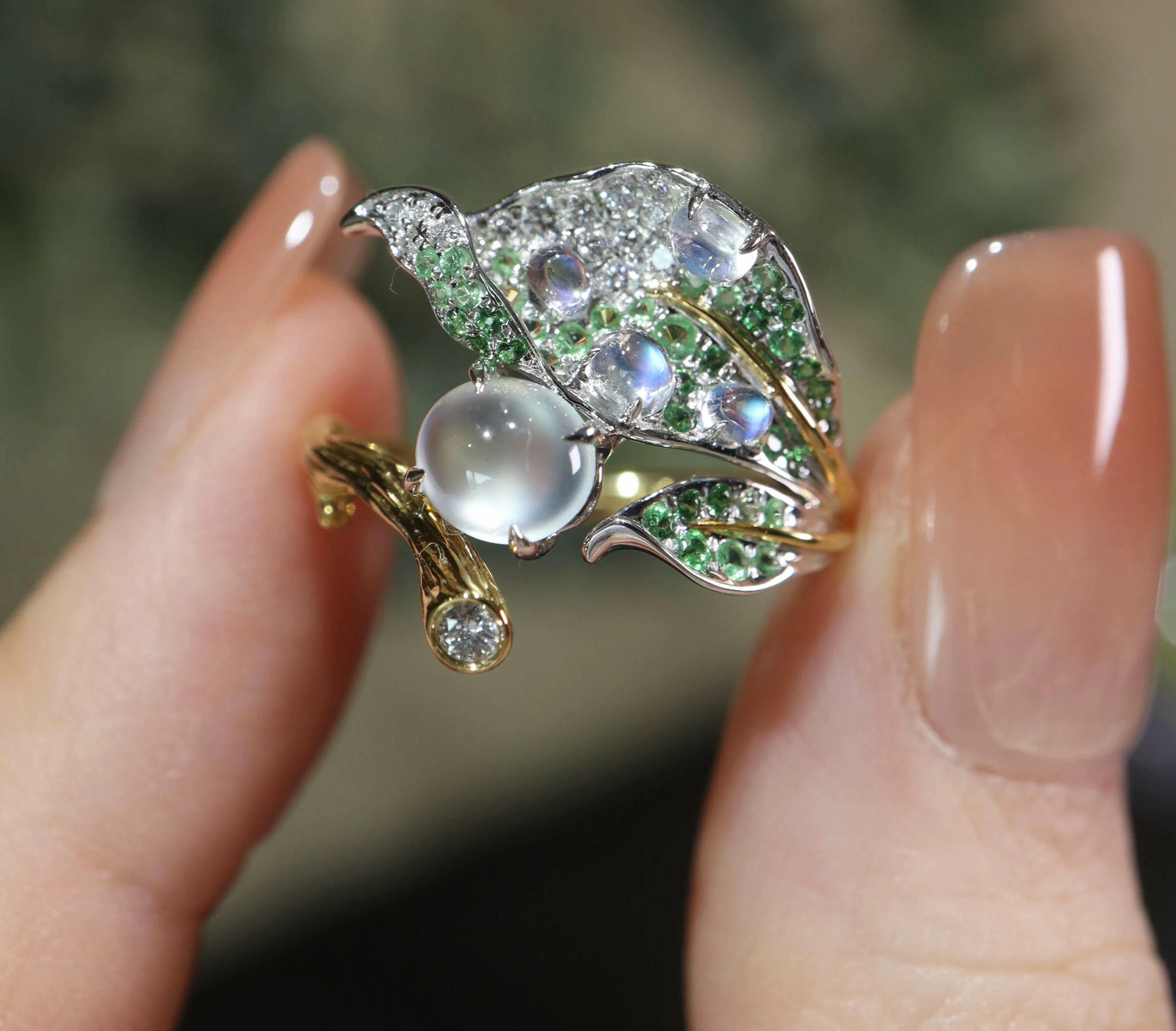 Two-Tone Gold Perched Bird Moonstone Open Ring | Forest Style Colorful Gemstone Leaf Statement Ring