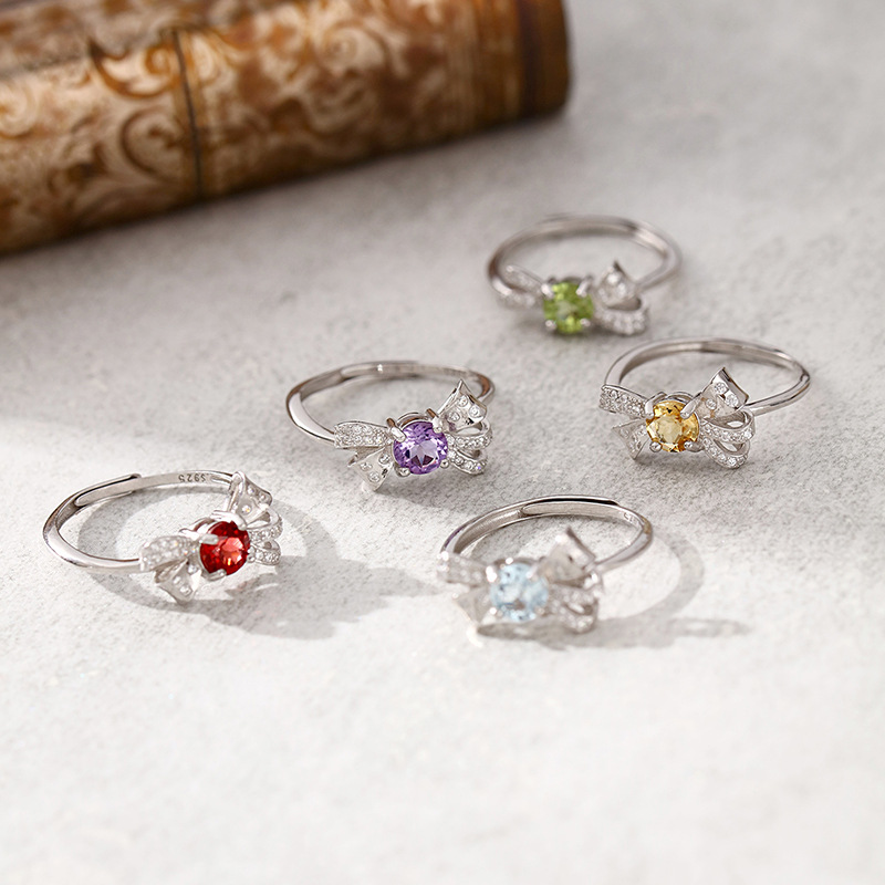 Natural Gemstone Bow Ring, S925 Sterling Silver Adjustable Open Ring