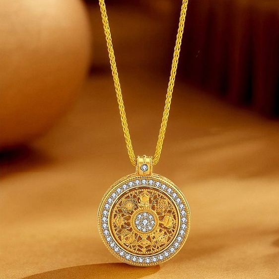 Rotatable 8 Treasures Compass Pendant Necklace, Silver Gold Plated with Moissanite, Vintage  Amulet Jewelry
