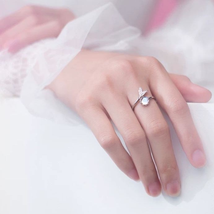S925 Sterling Silver Mermaid Tail Tear Glaze Ring | Dainty CZ Inlaid Adjustable Aesthetic Ring for Women