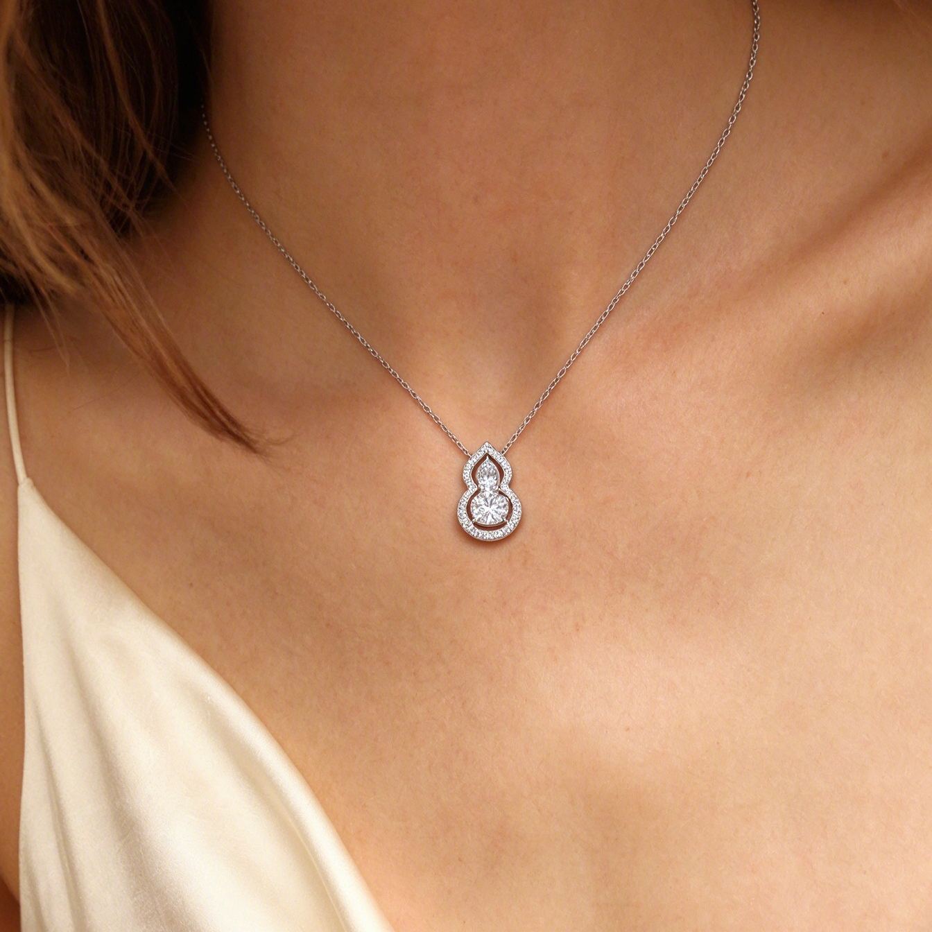 S925 Sterling Silver  Moissanite Gourd Necklace, Oval Cut Double Stone Hulu Pendant