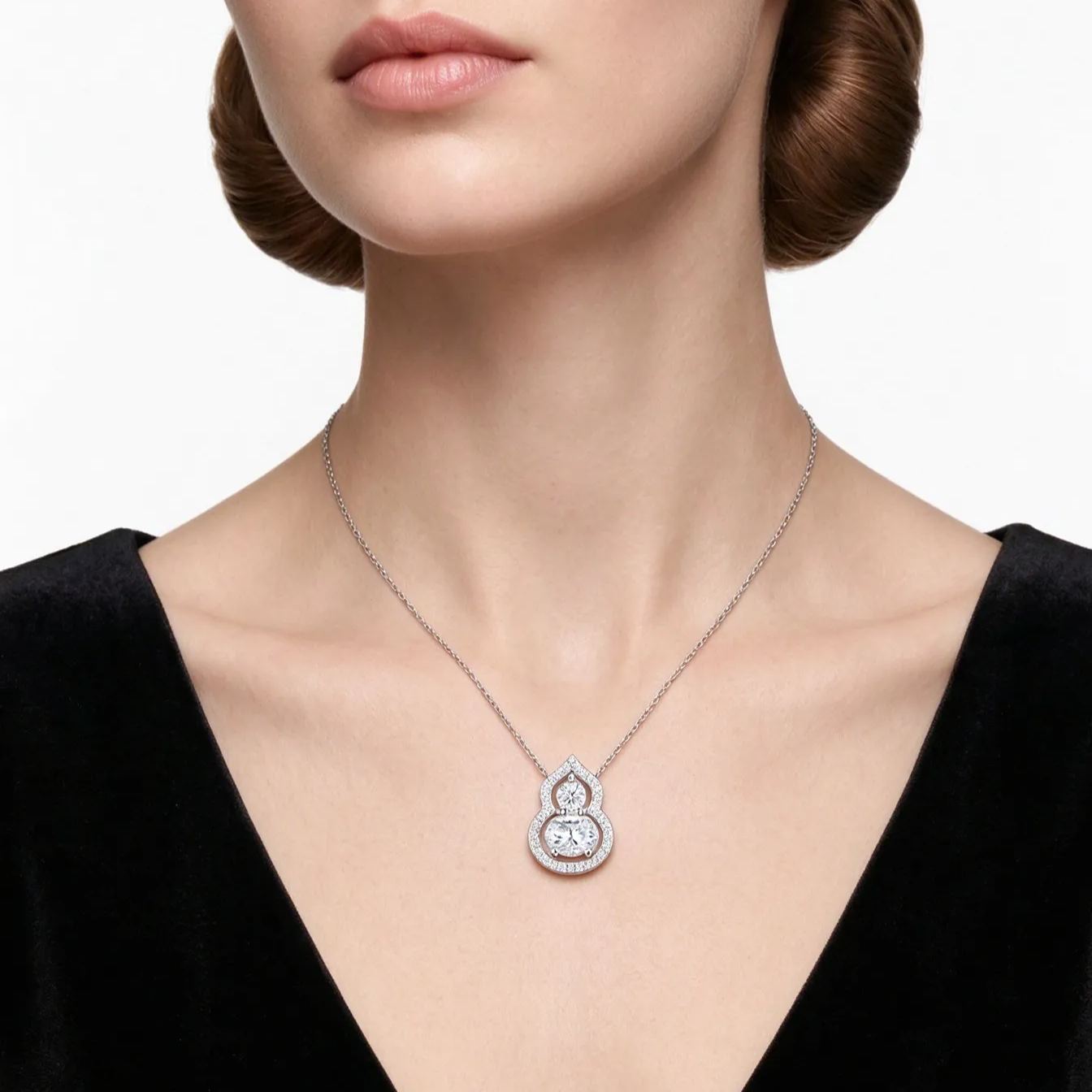 S925 Sterling Silver  Moissanite Gourd Necklace, Oval Cut Double Stone Hulu Pendant