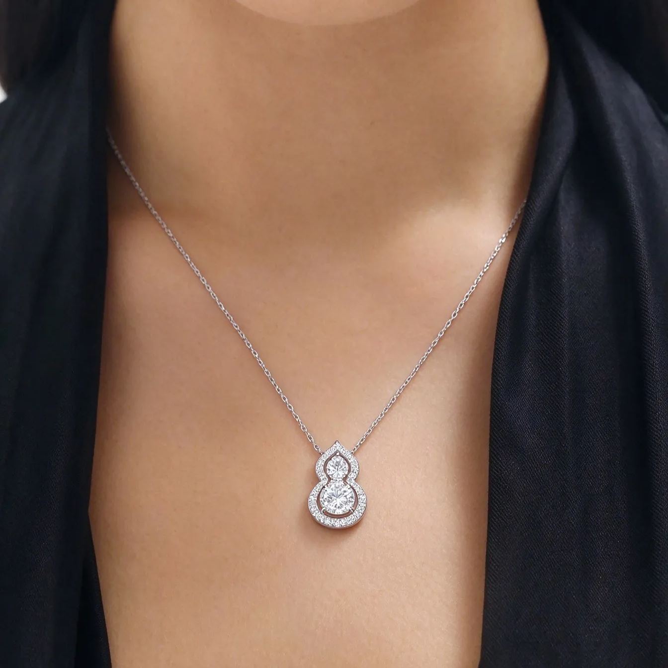 S925 Sterling Silver  Moissanite Gourd Necklace, Oval Cut Double Stone Hulu Pendant