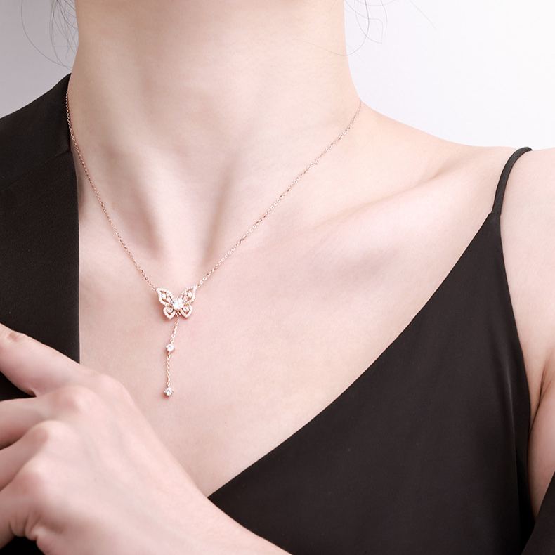 S925 Silver Butterfly Y-Drop Moissanite Necklace, Adjustable Tassel Clavicle Chain Jewelry