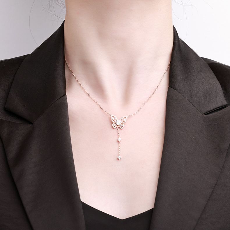 S925 Silver Butterfly Y-Drop Moissanite Necklace, Adjustable Tassel Clavicle Chain Jewelry