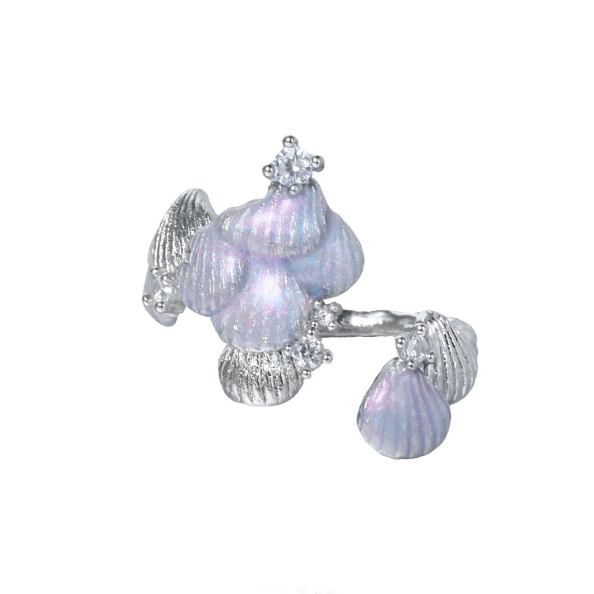 S925 Sterling Silver Mermaid Scale Open Ring, Iridescent Seashell Adjustable Ring