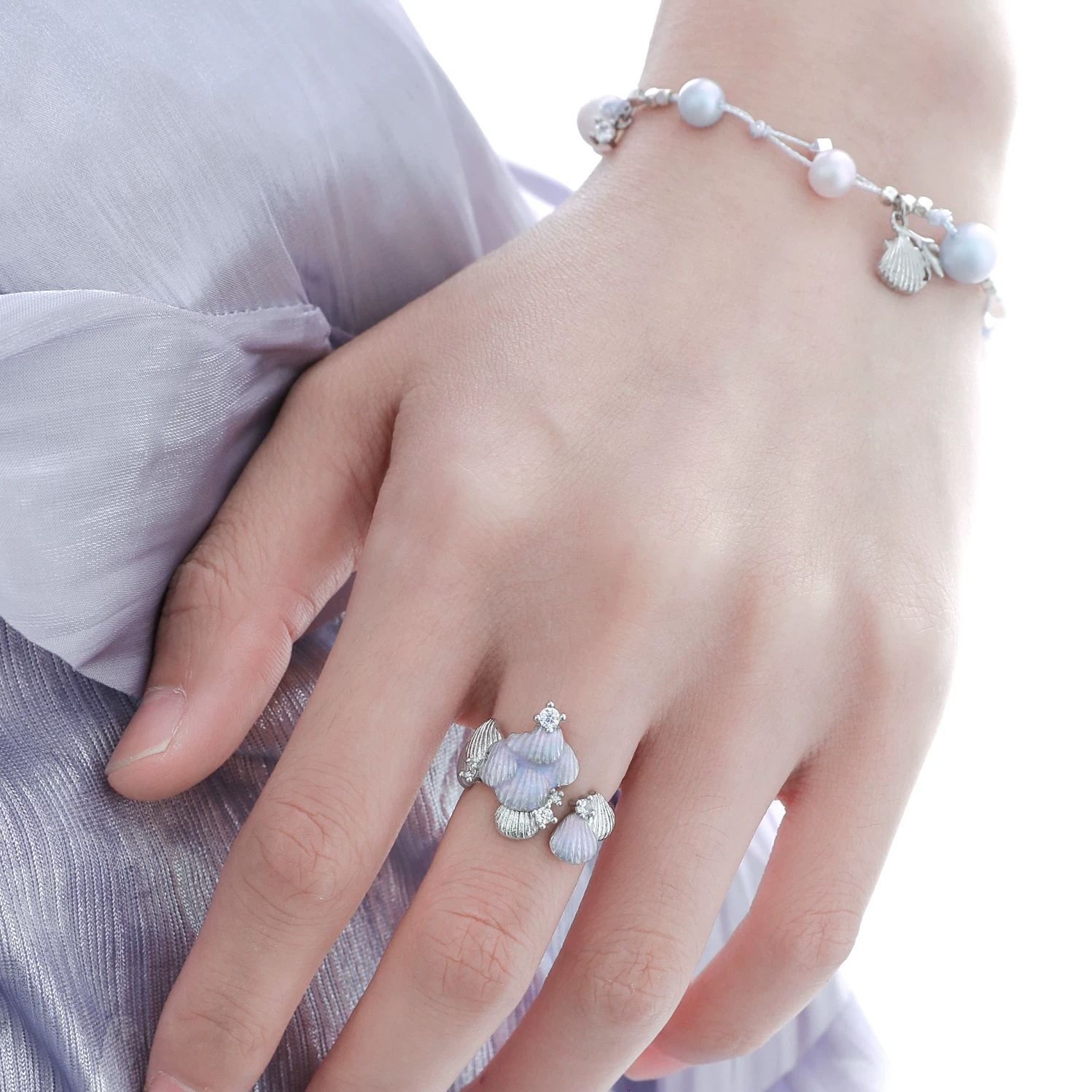 S925 Sterling Silver Mermaid Scale Open Ring, Iridescent Seashell Adjustable Ring