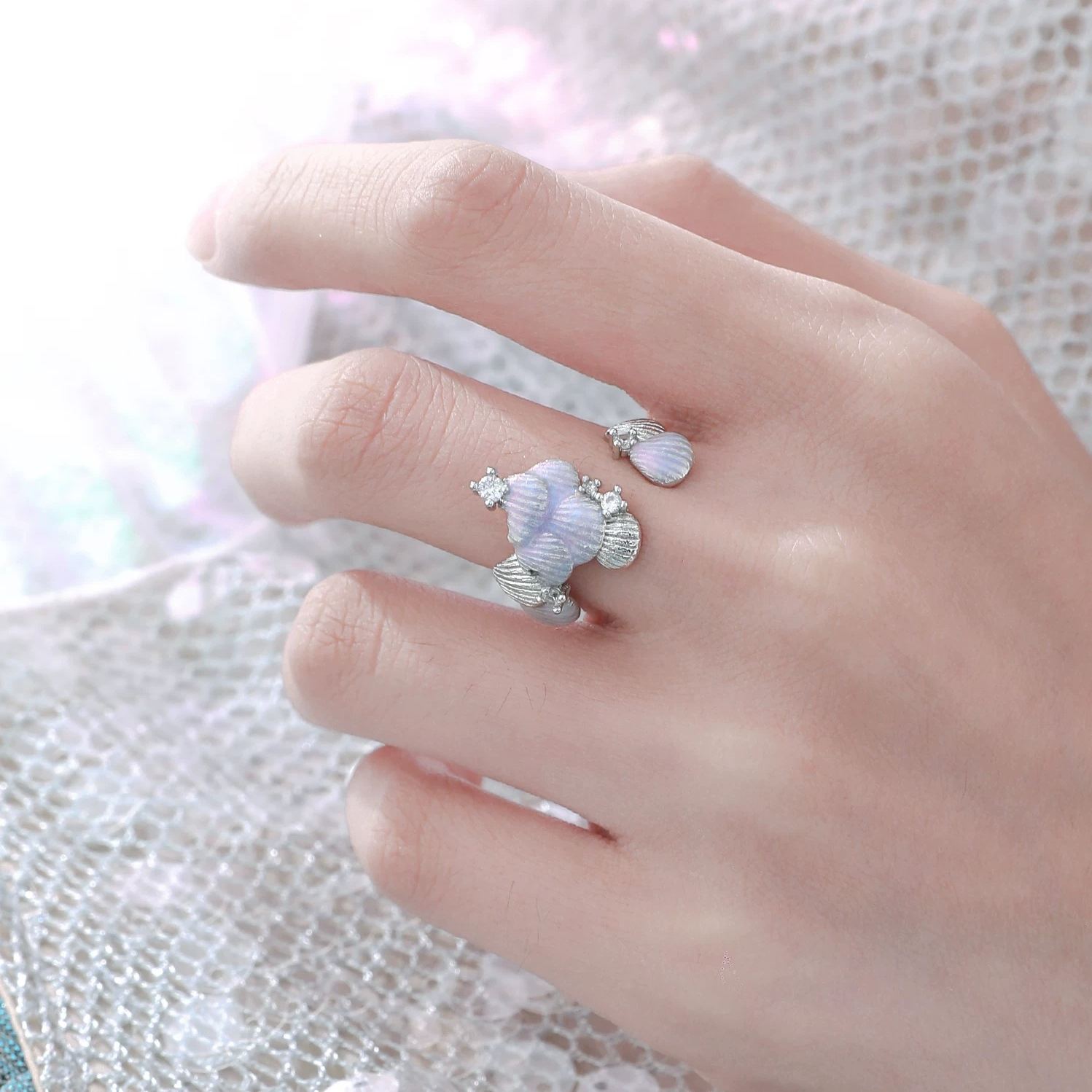 S925 Sterling Silver Mermaid Scale Open Ring, Iridescent Seashell Adjustable Ring