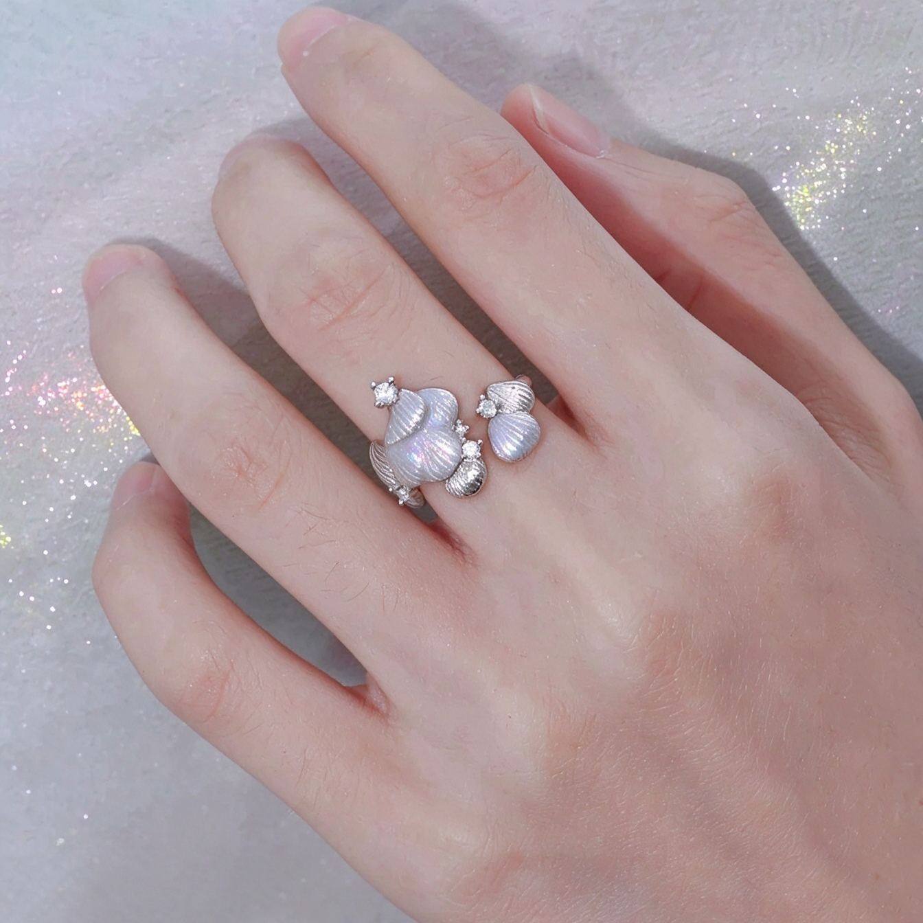 S925 Sterling Silver Mermaid Scale Open Ring, Iridescent Seashell Adjustable Ring