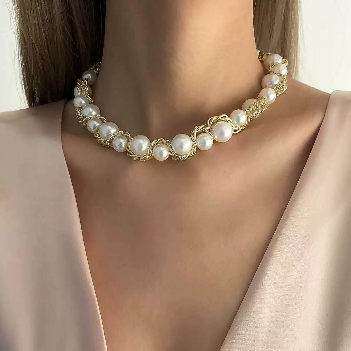 Golden Weave 14K Gold Pearl Necklace Bracelet Set