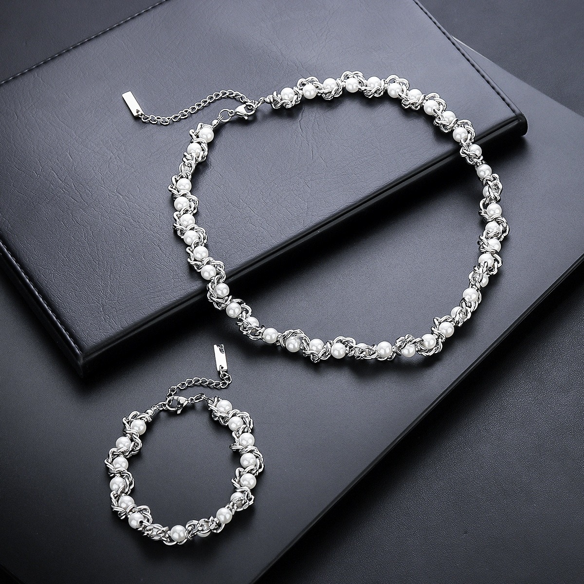 Modern Weave S925 Silver Pearl Necklace Bracelet Set