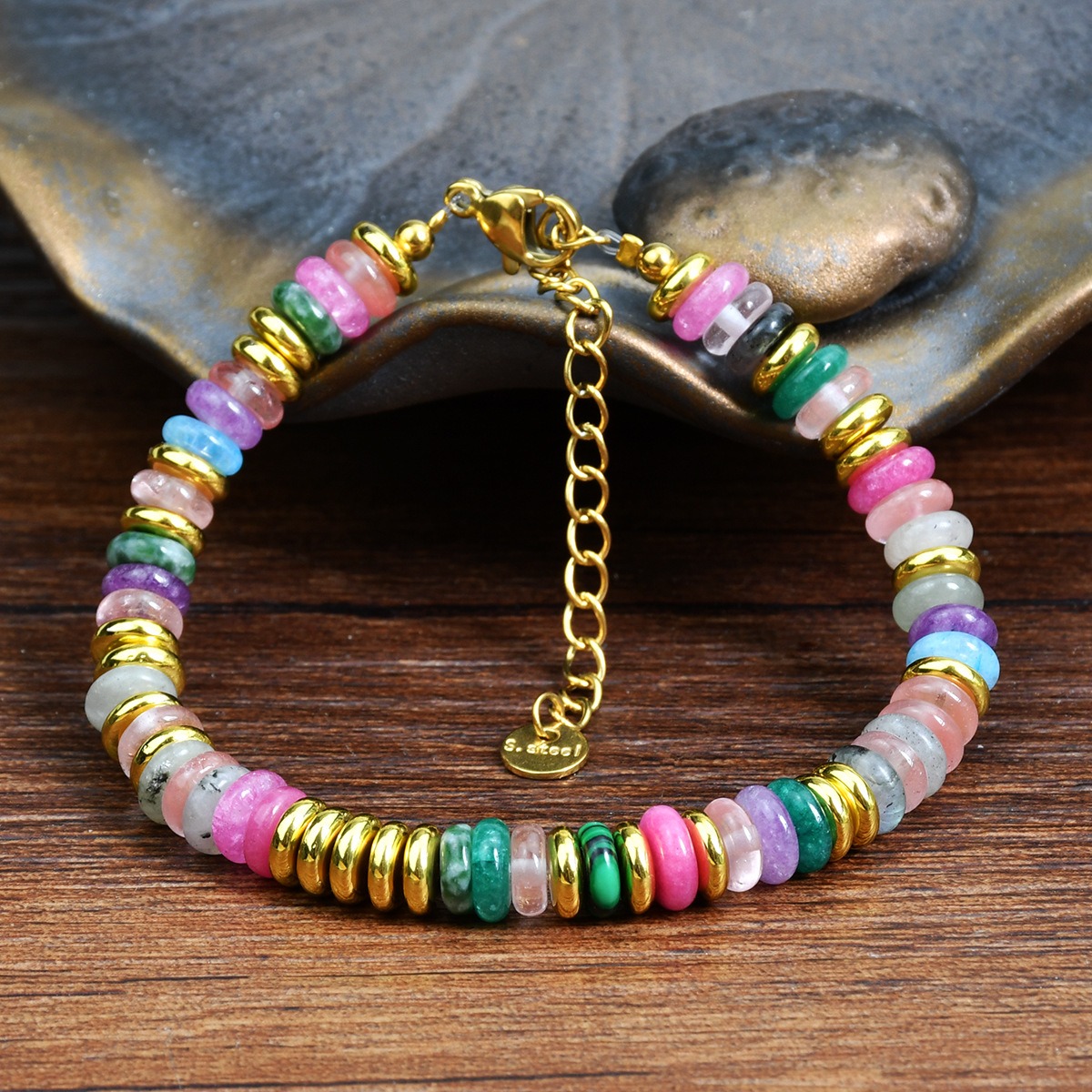 Boho Earth Harmony Natural Stone Heishi Bead Bracelet with Gold Spacers