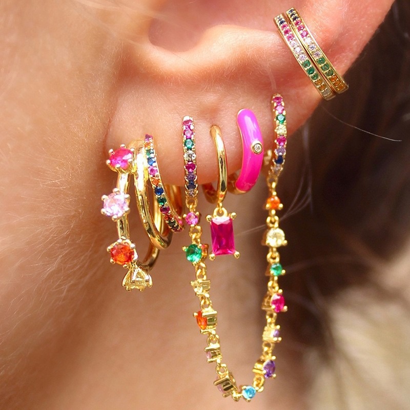 Rainbow Dopamine 14K Gold S925 Silver Colorful Gemstone Stacking Earrings Set
