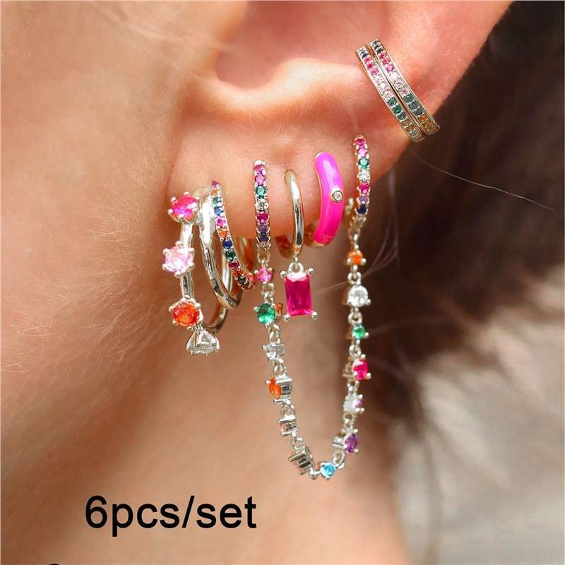 Rainbow Dopamine 14K Gold S925 Silver Colorful Gemstone Stacking Earrings Set