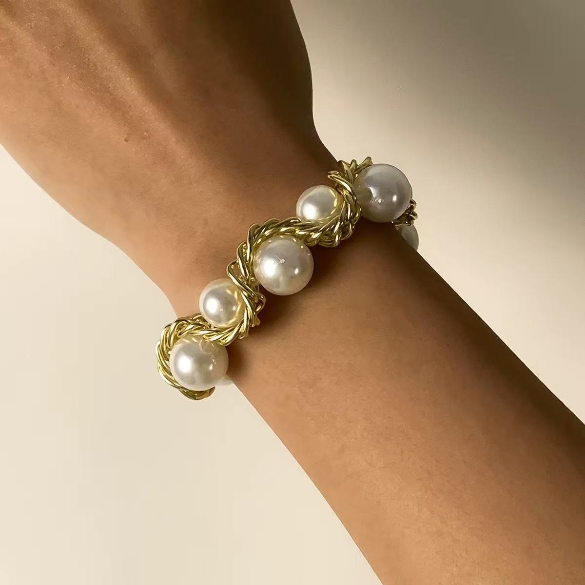 Golden Weave 14K Gold Pearl Necklace Bracelet Set