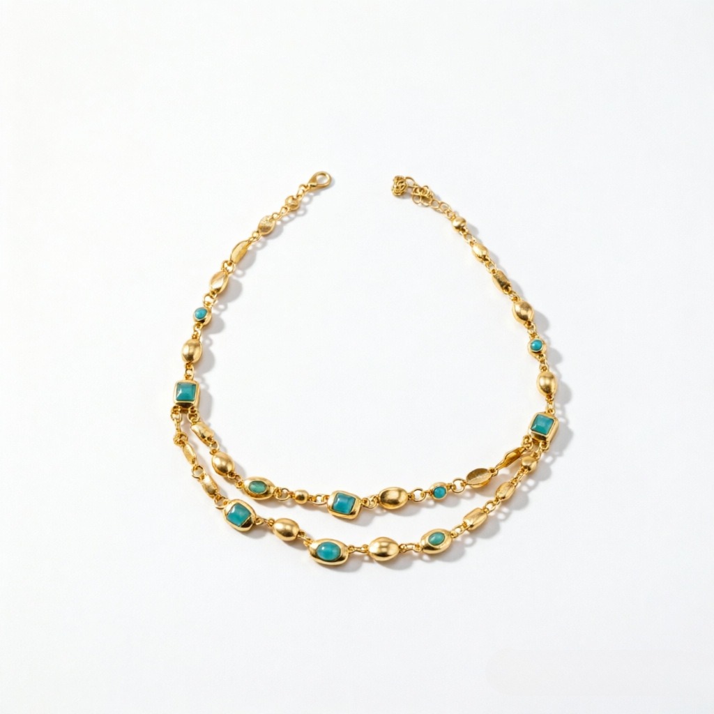 18K Gold S925 Silver Vintage Bezel-Set Gemstone Turquoise Necklace Bracelet Series