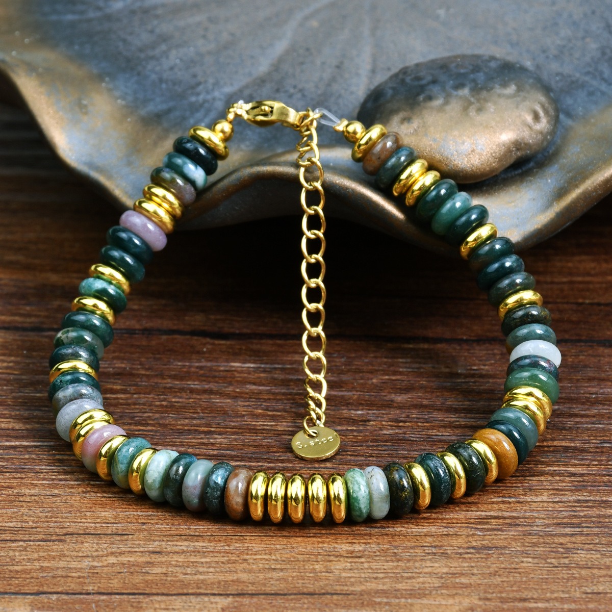 Boho Earth Harmony Natural Stone Heishi Bead Bracelet with Gold Spacers