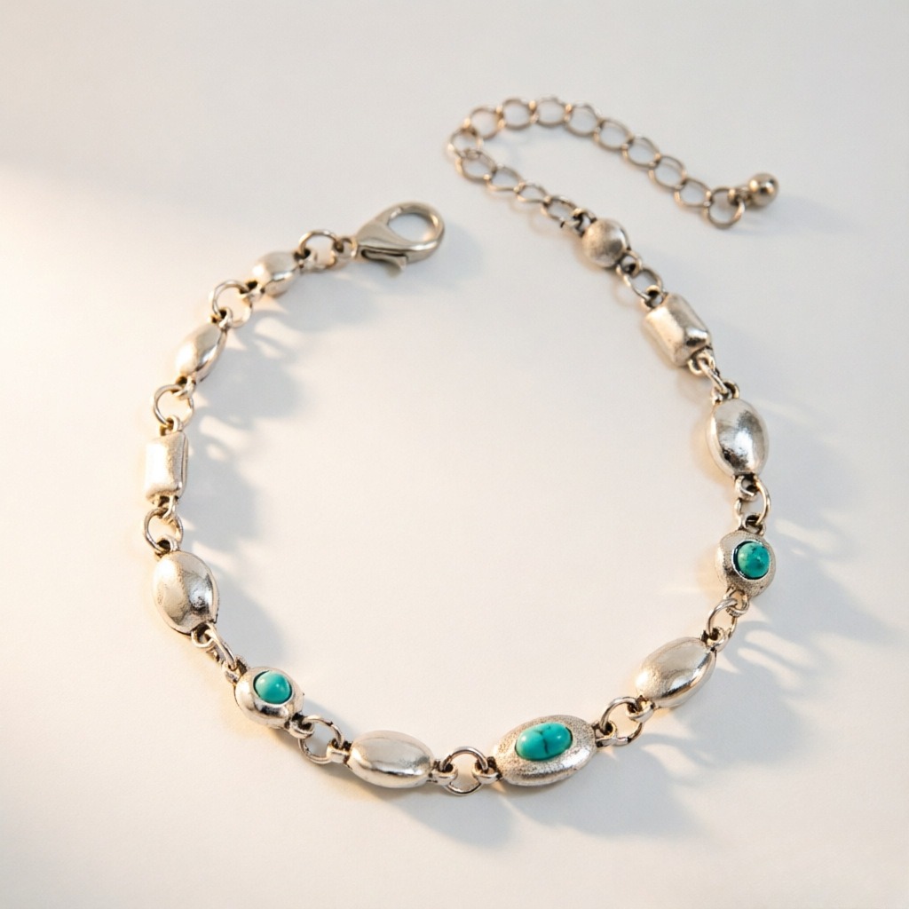 18K Gold S925 Silver Vintage Bezel-Set Gemstone Turquoise Necklace Bracelet Series