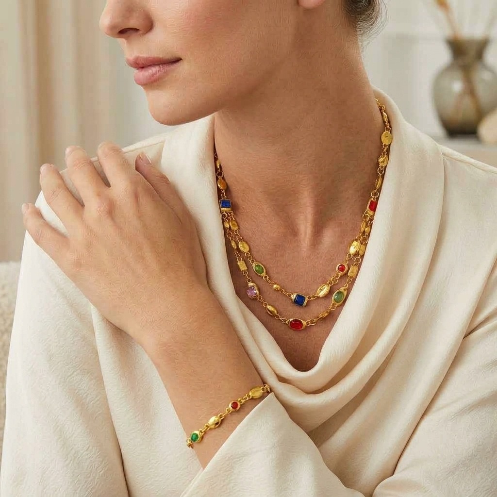 18K Gold S925 Silver Vintage Bezel-Set Gemstone Turquoise Necklace Bracelet Series