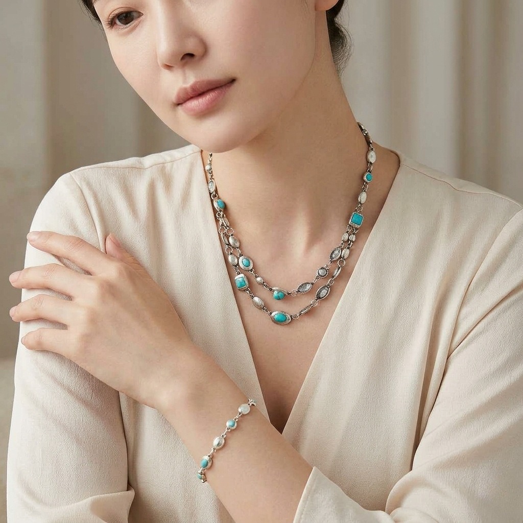 18K Gold S925 Silver Vintage Bezel-Set Gemstone Turquoise Necklace Bracelet Series