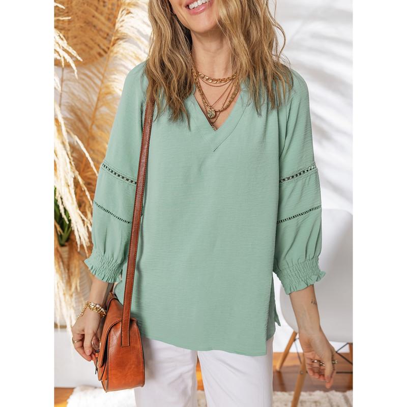 Dokotoo Women's Summer Tops 3/4 Lantern Sleeve Casual V-Neck T-Shirts Pleated Loose Tunic Hollow-Out Blouse Regular Fit 100% Polyester Soft Breathable Stretchy Skin-Friendly Drapes Nicely Durable Comfortable for All Seasons