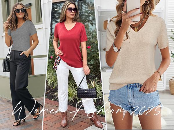 Arach&Cloz 2025 Womens Wool Blend Sweater Soft V Neck Short Sleeve Spring Fashion Pullover Tops Business Casual Outfits