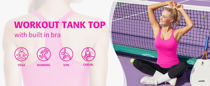 ATTRACO Ribbed Workout Tank Tops for Women with Built in Bra Tight Racerback Scoop Neck Athletic Top