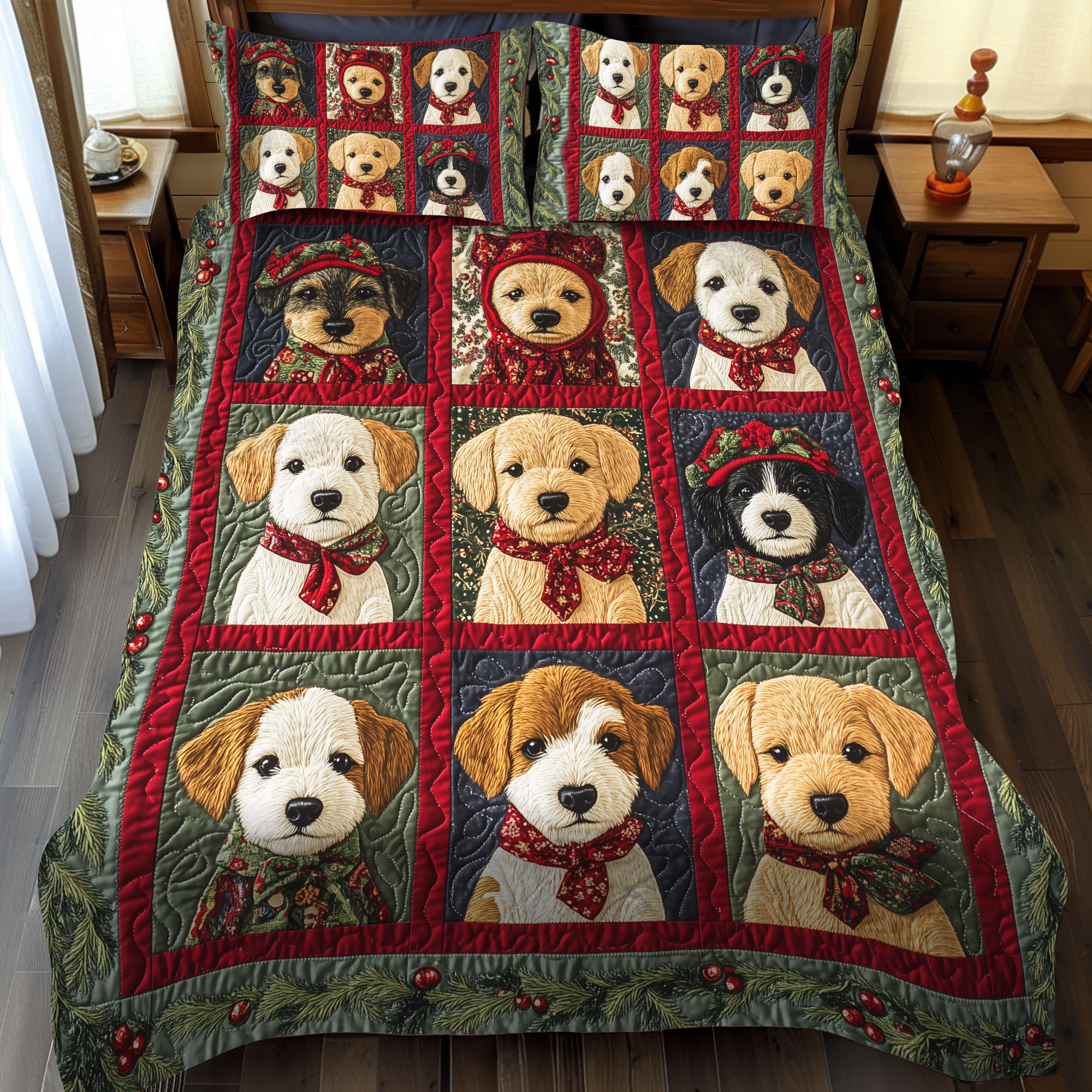 Adorable Puppy Snowflakes 3-Piece Quilted Bedding Set NCU0VL622